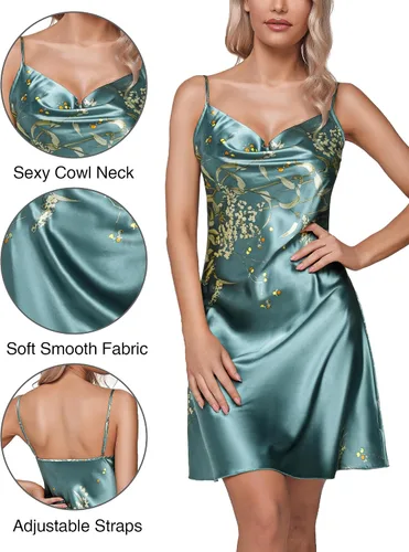 Vista 5 de Litherday Women's Satin Nightgown Cowl Neck Silk Slip Dress Soft Sexy Lingerie Short Sleepwear with Adjustable Strap