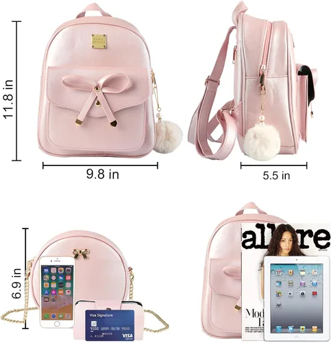 Vista 2 de ZGWJ Mini mochila de cuero con moño, mochila pequeña, linda mochila casual de viaje para niñas y mujeres, M, Mochilas tipo mochila
