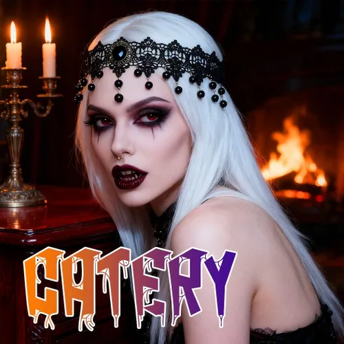 Vista 7 de Catery Diadema de vampiro gótica de encaje negro para Halloween, accesorios de vampiro para mujer