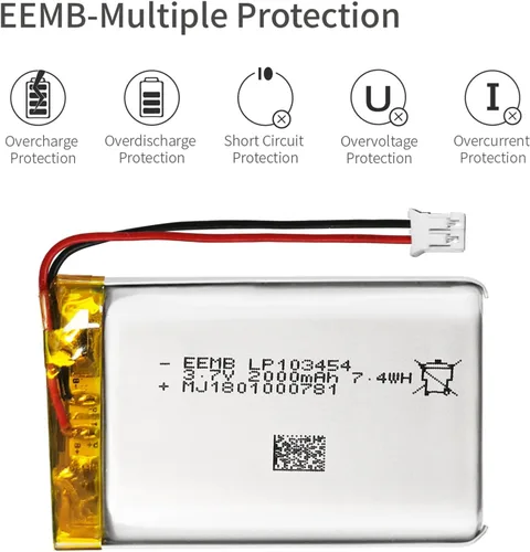Vista 5 de EEMB 3.7V 103454 2000mAh Lipo Batería recargable JST2.0 Conector 1 paquete