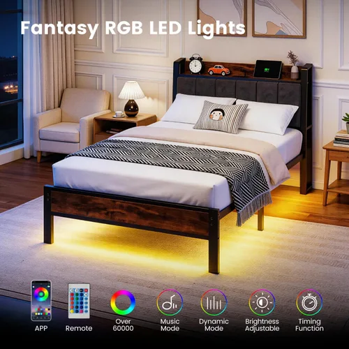 Vista 3 de Liians Base de cama de tamaño individual con cabecera de almacenamiento y estación de carga, luces LED RGB inteligentes, cama de plataforma de metal
