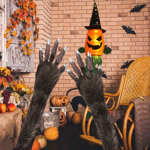 Vista 2 de XGOPTS Guantes largos de hombre lobo para Halloween, disfraz de mano de hombre lobo para cosplay, guantes de garra de lobo, guantes de animales