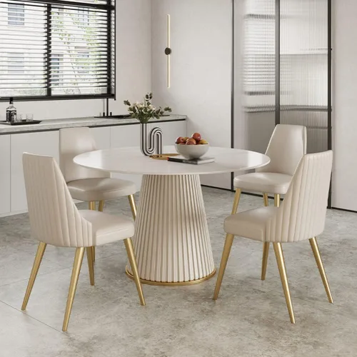 Vista 4 de LITFAD Mesa de comedor redonda de estilo moderno, mesa de restaurante de piedra blanca con base de pedestal Simplicity comedor muebles