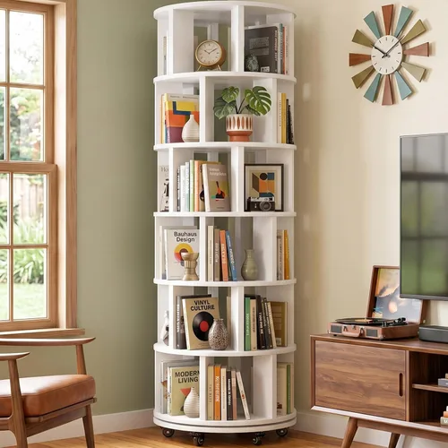 Vista 11 de Besiost 6-Tier Rotating Bookshelf Tower, Solid Wood 360° Revolving Bookcase Round Spinning Book Shelf Organizer on 6 Wheels, Narrow Rolling