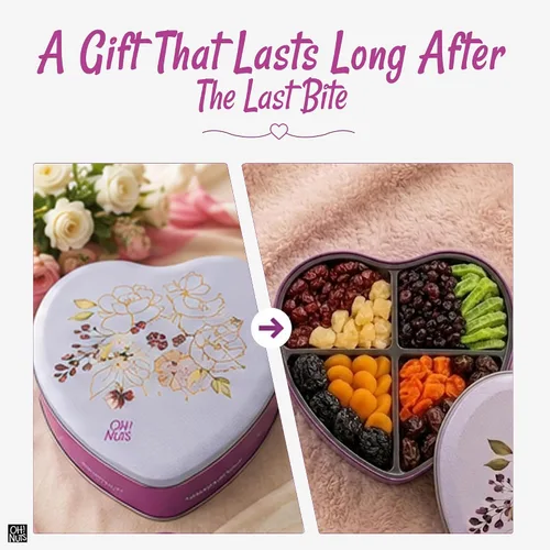 Vista 5 de Oh! Nuts Cesta de regalo de frutas secas en forma de corazón, 8 variedades tropicales gourmet, albaricoques, dátiles, ciruelas pasas, arándanos