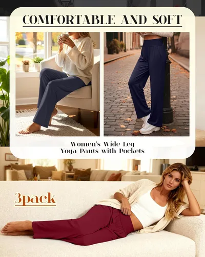 Vista 33 de Neer - Conjunto de 3 pantalones de yoga de pierna ancha para mujer - Pantalones deportivos cómodos, holgados, de cintura alta y casuales