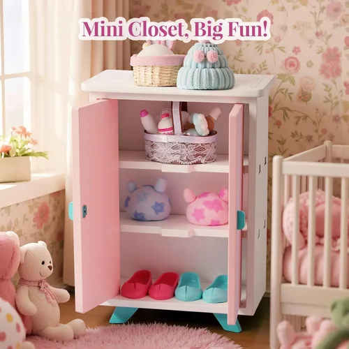 Vista 5 de BABESIDE Juego de muebles de dormitorio de casa de muñecas, 7 piezas de accesorios de casa de muñecas de madera rosa para muñecas de 3 pulgadas