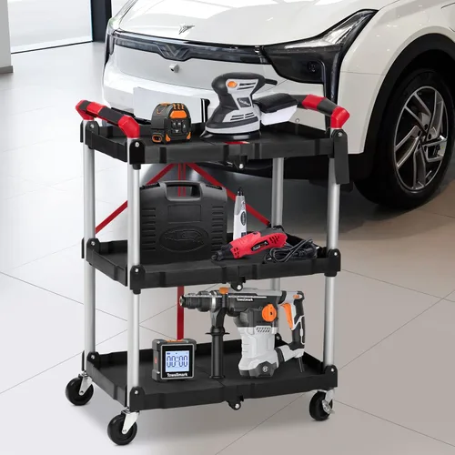 Vista 6 de Towallmark Carrito de servicio plegable portátil, carrito plegable de 3 niveles, carritos utilitarios plegables para oficina, almacén y hogar, Negro