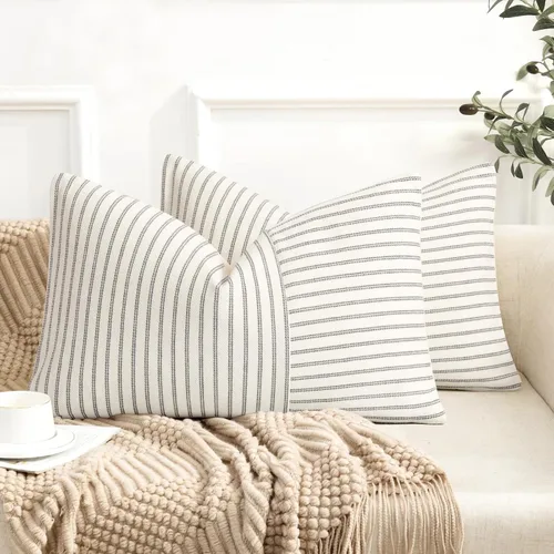 Vista 29 de Fundas de almohada de granja de 12 x 20 pulgadas, 2 fundas de almohada lumbares modernas, decorativas, de lino, con retazos de rayas negras y beige