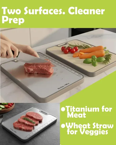 Vista 6 de Tabla de cortar de titanio para cocina: regla de medición integrada, tabla de cortar de metal grande de doble cara, tabla de cortar apta