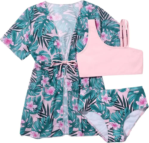 Vista 4 de Verdusa Conjunto de bikini de 3 piezas con estampado tropical para niña y kimono