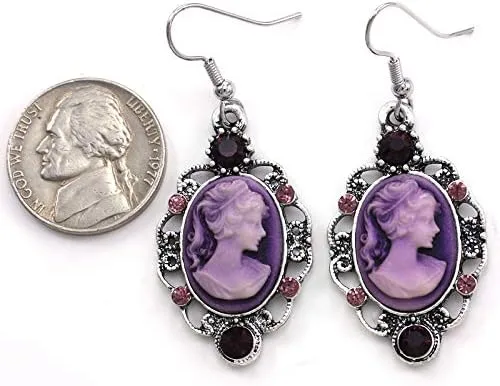 Vista 3 de Pendientes colgantes de camafeo morados, joyería de moda, Diamante de imitación