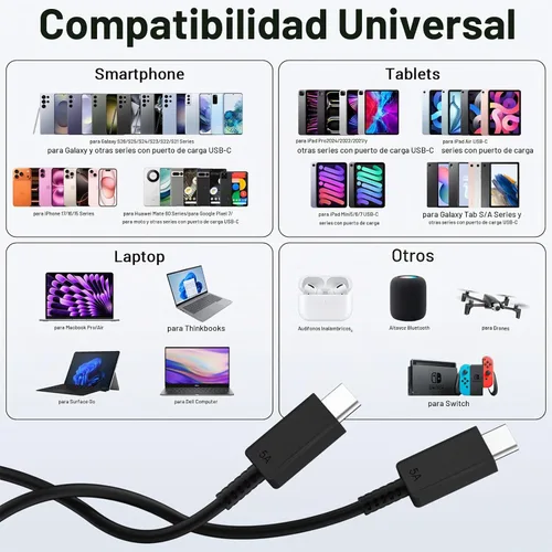 Vista 7 de Paquete de 2 cables de carga Samsung de 6 pies, 100 W/5 A, cable de carga rápida tipo C a tipo C, para Galaxy S25/S24/S23/S22/S21 Edge/Ultra/Note