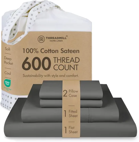 Vista 10 de Threadmill Sábanas de tamaño matrimonial, 100 % algodón puro de 600 hilos, 4 piezas, damasco, gris oscuro, calidad de hotel, sábanas de algodón