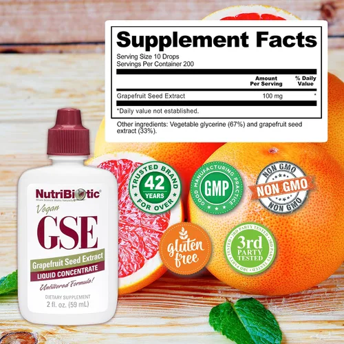 Vista 5 de NutriBiotic GSE, líquido de 2 onzas El extracto original de semilla de pomelo concentrado premium con bioflavonoides Potente apoyo inmunológico