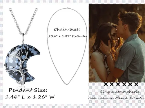Vista 3 de XIANNVXI Collares con colgante de cristal para mujer, collares de cristal curativo, colgante de luna creciente, árbol de la vida, alambre de cuarzo