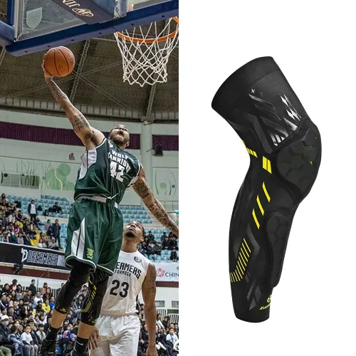 Vista 2 de Kuangmi Rodillera y espinillera para baloncesto, lucha, fútbol, voleibol, deportes, soporte diario (negro amarillo, S)