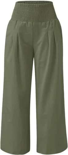 Vista 3 de SHAOBGE Pantalones palazzo de verano para mujer, cintura alta, pierna ancha, casual, cintura elástica, pantalones de playa con bolsillos
