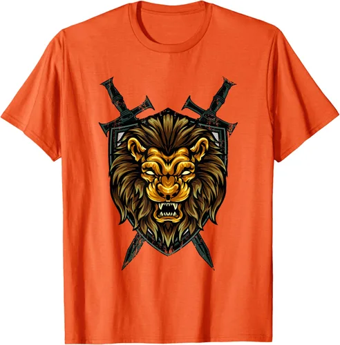 Vista 95 de Camiseta con diseño de caballero medieval renacentista, con diseño de espada de león, Negro, S