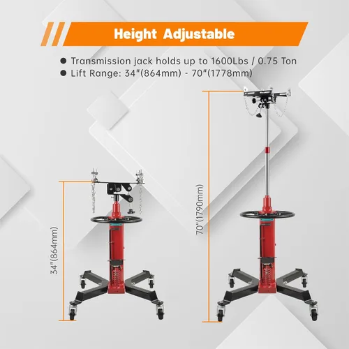 Vista 2 de Gato de transmisión, 1600 lbs/0.75 toneladas de capacidad, gato de transmisión telescópico hidráulico de 2 etapas, ajustable de alta elevación