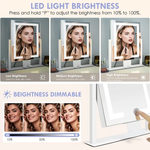 Vista 3 de Espejo de Maquillaje con Luces, Espejo de Tocador con 3 Modos de Iluminación, Espejo Iluminado, Sensor Táctil, Alimentado por CA, Giratorio 360°
