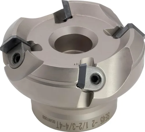 Vista 9 de Molino de cara indexable (carcasa) de 2" 45°, diámetro del orificio del eje de 3/4", 3 flautas, con 3 piezas de inserciones de carburo SEAN42
