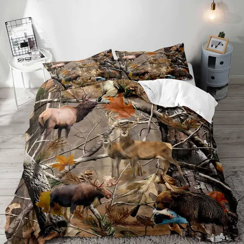Vista 10 de LUVIVIHOME Juego de funda de edredón de 2 piezas, diseño de oso y alce, ciervo, ciervo, ropa de cama de cabaña, ropa de cama rústica de granja