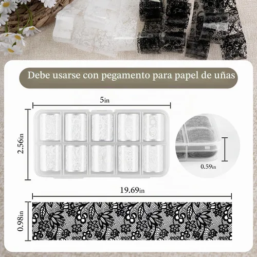 Vista 9 de JODSONE 20 rollos de láminas de encaje para uñas, hojas de transferencia de arte de uñas de encaje blanco y negro, se deben utilizar con pegamento