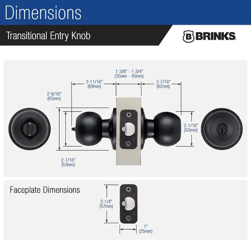 Vista 5 de BRINKS Pomo de Puerta de Entrada con Llave Transicional - Juego de Cerradura de Puerta Exterior Negro Mate, se Combina Perfectamente