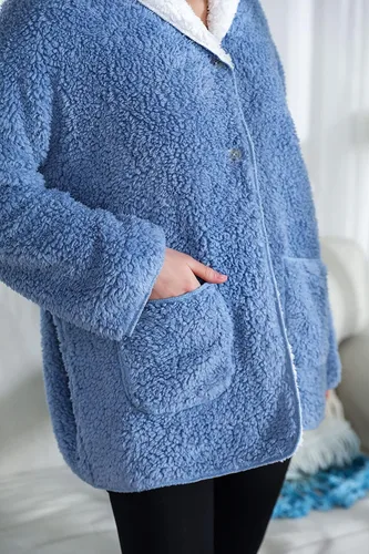 Vista 5 de Chaqueta de cama reversible con botones frontales y de felpa sherpa azul y marfil para mujer