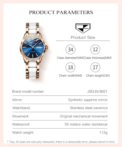 Vista 7 de Reloj automático de cerámica de acero inoxidable para mujer reloj mecánico de 984ft impermeable oro rosa elegante para mujer esfera de concha