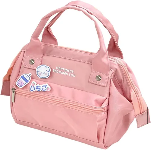 Vista 4 de Lonchera Kawaii con pines kawaii, bonita bolsa de almuerzo estética para mujeres y niñas, bolsa grande con insulto, suministros escolares kawaii Azul