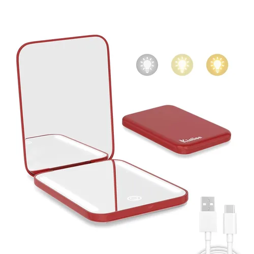 Vista 9 de Kintion Espejo de bolsillo recargable, espejo de tocador compacto de doble cara con aumento 1X/3X, 3 luces de color, regulable, pequeño espejo