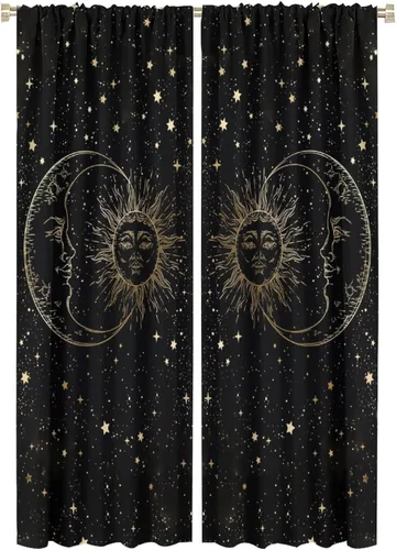 Vista 55 de Cortinas opacas con diseño de sol y luna, cuerpos celestes bohemios, con diseño de sol, luna y estrellas, para sala de estar, dormitorio, 42 x 45