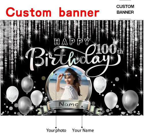 Vista 2 de Cartel de decoración de feliz cumpleaños número 100 personalizado - Personalización disponible - Negro y plateado - Tamaño grande - Admite fotos