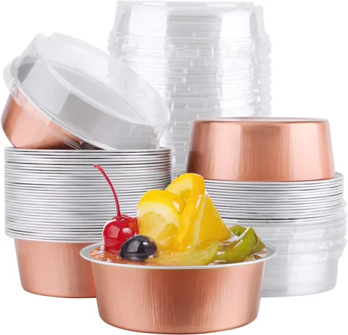 Vista 14 de EUSOAR Ramequines desechables con tapas, 50 unidades de papel de aluminio para hornear, moldes de 5.1 fl oz para cupcakes para tartas, quiche Lluvia
