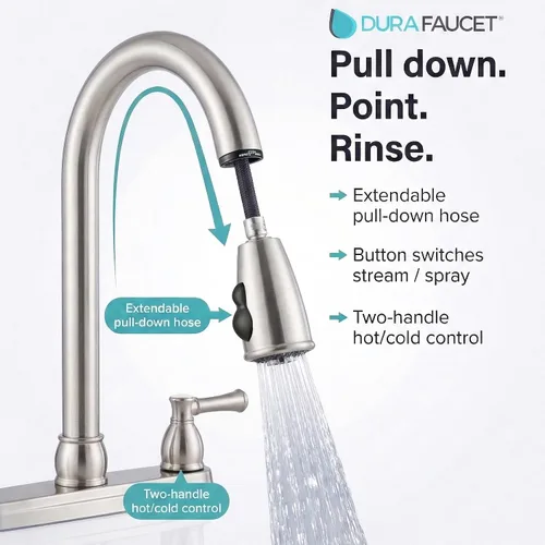 Vista 3 de Llave para fregadero de cocina Dura Faucet, llave de reemplazo no metálica con doble palanca para casas rodantes, caravana quinta rueda