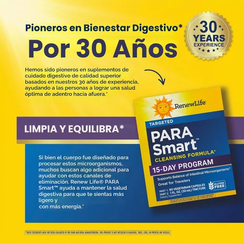 Vista 5 de Digestivo renueva vida Parasmart, desintoxicante y limpiador microbiano, Suplemento, sin gluten, programa de 15 días