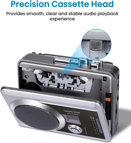 Vista 3 de Reproductor de grabadora de casete portátil y radio AM/FM, reproductor de cinta de casete compacto con conector para auriculares de 0.138 in