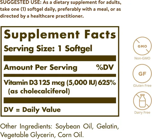 Vista 2 de Solgar - Vitamina D3 (colecalciferol) 125 MCG (5000 UI), 100 cápsulas blandas - Ayuda a mantener huesos y dientes sanos - Apoyo al sistema