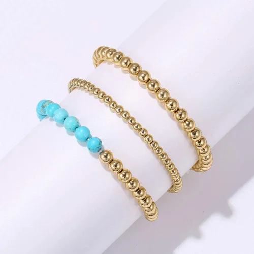 Vista 2 de YBMYCM - Brazalete de cuentas chapadas en oro de 14 quilates, delicado y apilable, para mujeres y niñas