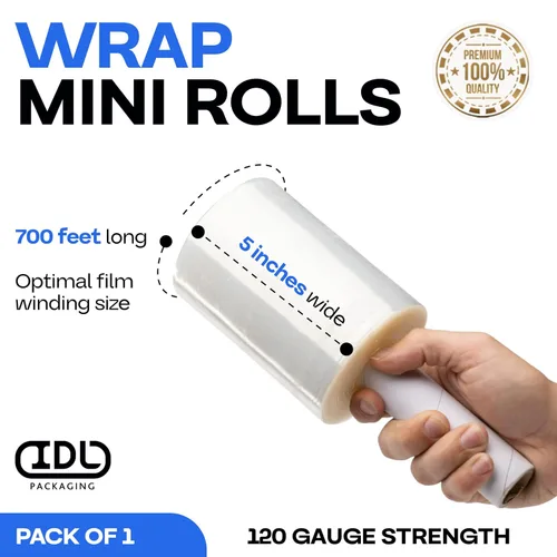 Vista 2 de IDL Packaging Mini rollo elástico de 5 pulgadas, 700 pies, calibre 120 (paquete de 1) con un mango de cartón extendido, envoltura de plástico