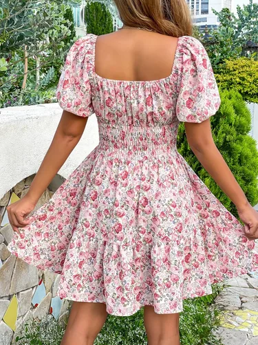 Vista 2 de Floerns Vestido bohemio de manga corta abombada con cuello cuadrado y lazo frontal para mujer