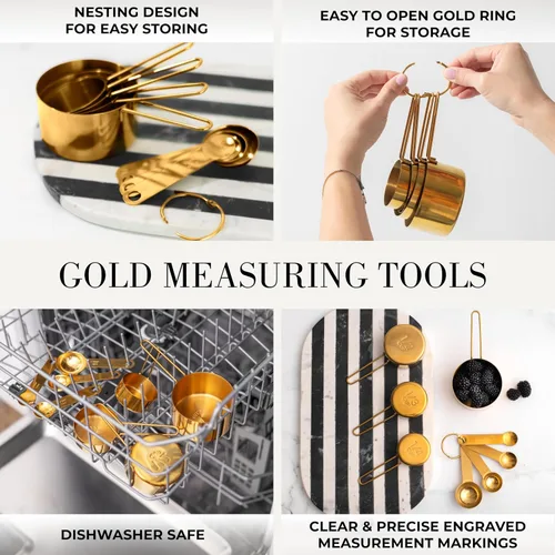 Vista 4 de Juego de utensilios de cocina dorados con tazas medidoras y cucharas, 13 piezas de accesorios de cocina dorados de lujo, incluye tazas medidoras
