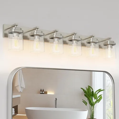 Vista 15 de Lámparas de baño de oro cepillado, 4 luces de baño sobre el espejo, diseño cuadrado y placa trasera grande rectangular, accesorios de iluminación