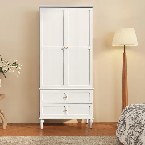 Vista 7 de HLR Armario moderno de mediados de siglo de 71 pulgadas con puertas y cajones, armario de almacenamiento de madera con barra para colgar para Negro