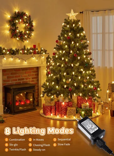 Vista 2 de Luces de Navidad C9 para exteriores, 114 pies, 150 luces LED C9 con temporizador y 8 modos de luz, luces impermeables de grado comercial conectables