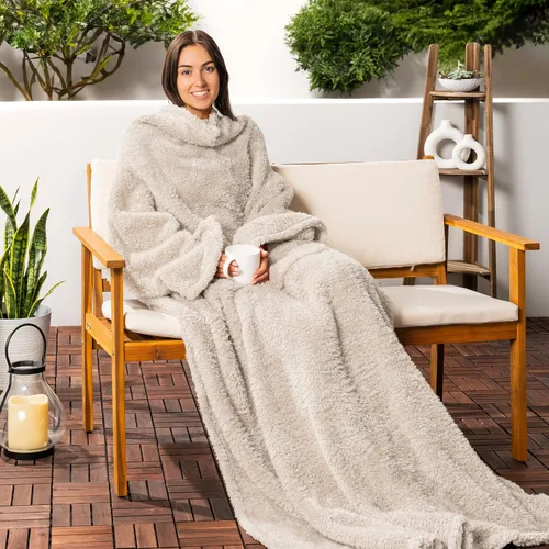 Vista 6 de PAVILIA Manta Esponjosa con Mangas para Adultos, Manta Vestible de Felpa Suave y Difusa, Forro Polar Sherpa con Mangas y Bolsillo, Regalos Cálidos
