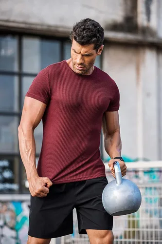 Vista 2 de COOFANDY Camisetas musculares elásticas de manga corta con cuello redondo para hombre