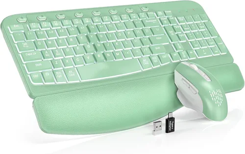 Vista 13 de SABLUTE Combo de teclado y mouse inalámbrico ergonómico, MA12Pro Wave teclado con reposamuñecas de cuero para escribir cómodamente, retroiluminación